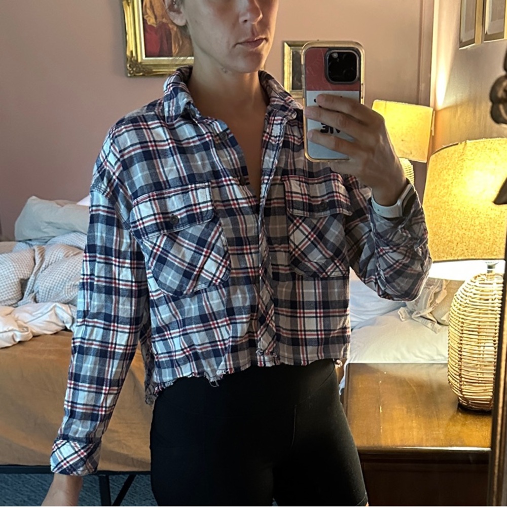 BDG Blue and Red Plaid Cropped Button-Down Shirt